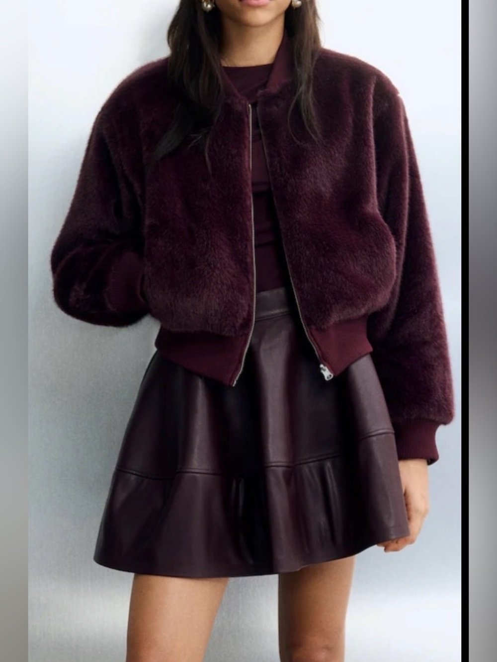 Burgundy faux fur bomber jacket